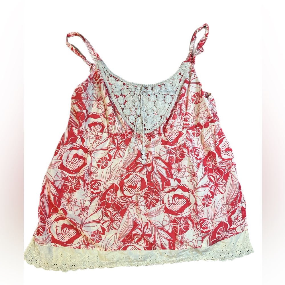 Woman’s red cream all over floral print cotton Strappy tank top Venezia size 16